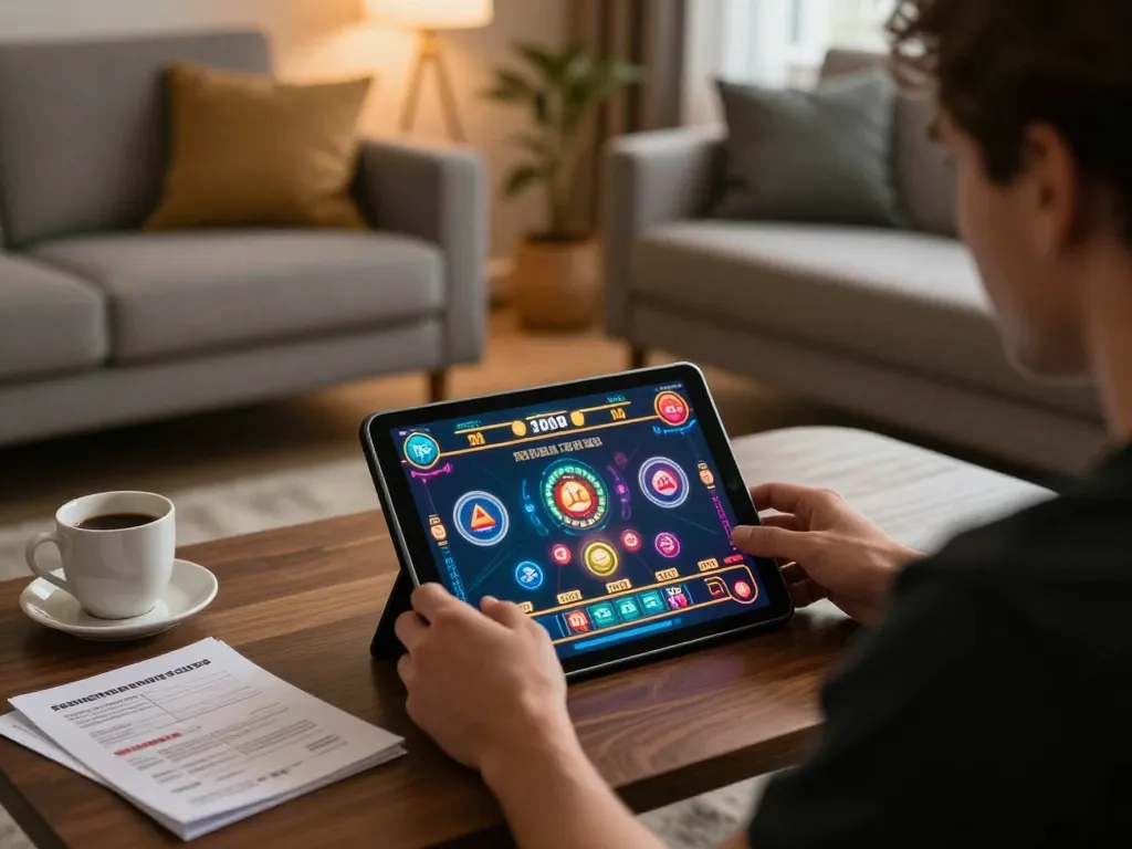 Player enjoys engaging live dealer game on 555win tablet in a cozy home setting.