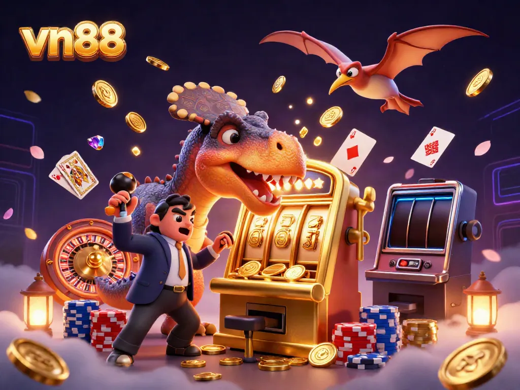 Experience the thrill of vn88 with a cartoon dinosaur hitting a slot machine jackpot in a vibrant casino scene.