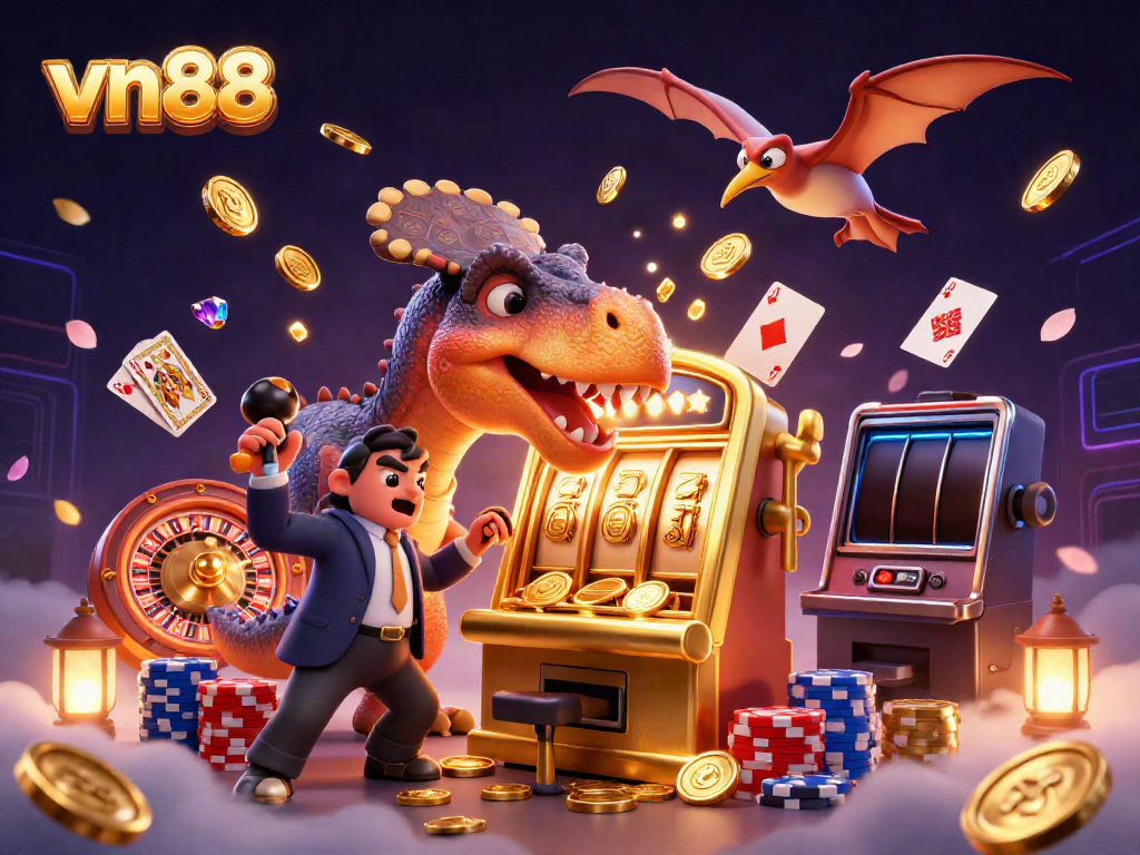 Experience the thrill of vn88 with a cartoon dinosaur hitting a slot machine jackpot in a vibrant casino scene.