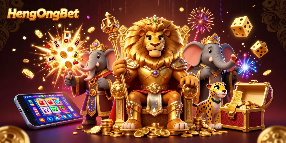 Experience the excitement of HengOngBet with a dynamic 3D casino scene featuring a lion king, elephant advisor, and cheetah.