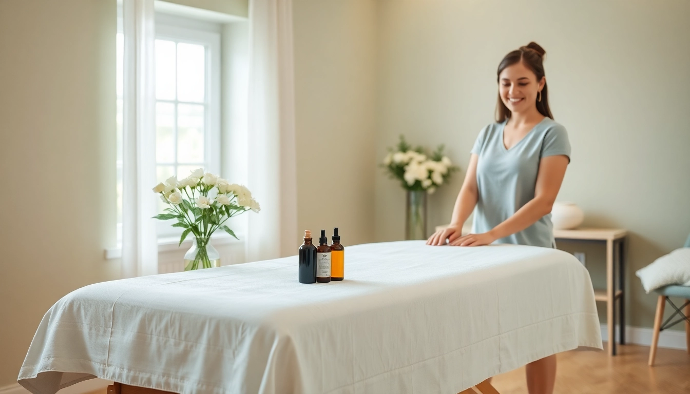 평택출장마사지 service with a young therapist preparing a serene massage space.
