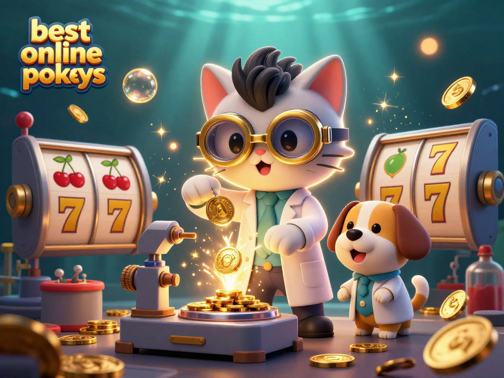 Spin the best online pokies with a mad scientist cat and lab assistant dog creating gold coins amidst dynamic casino elements.
