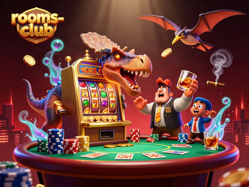 Keseruan bermain slot di rooms-club dengan dinosaur kartun yang memicu jackpot uang dan manajer kasino yang panik.