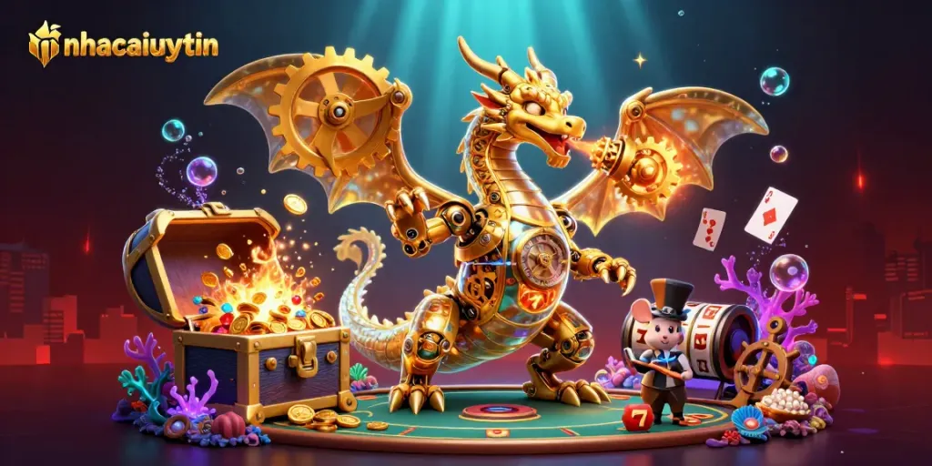 Experience excitement with nhacaiuytin’s dynamic casino scene featuring golden dragon and vibrant game elements.