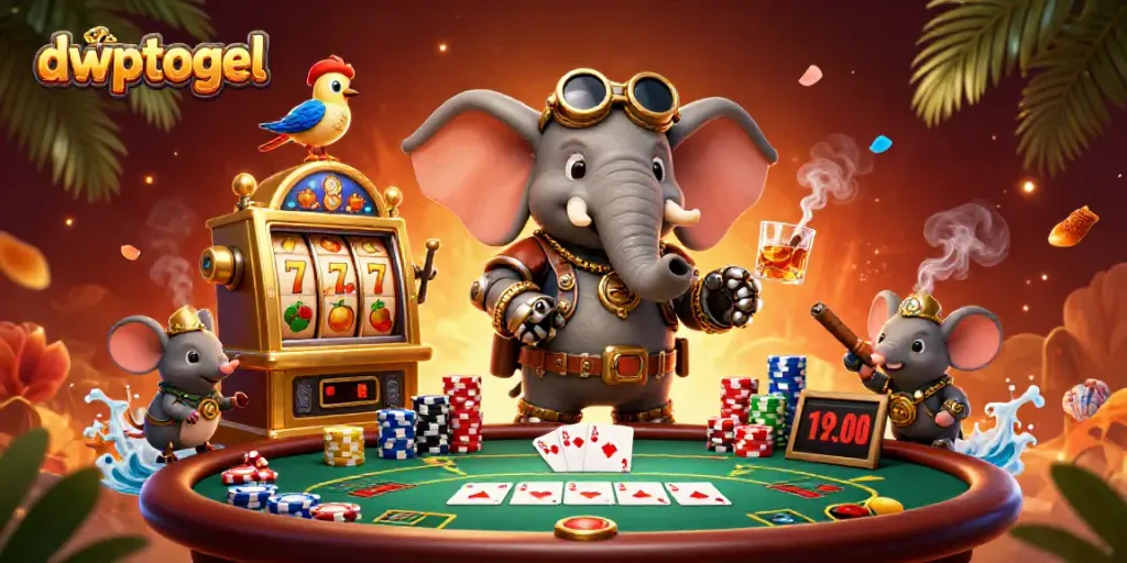 Grafis 3D DWPTOGEL dengan gajah steampunk dan mesin slot emas.