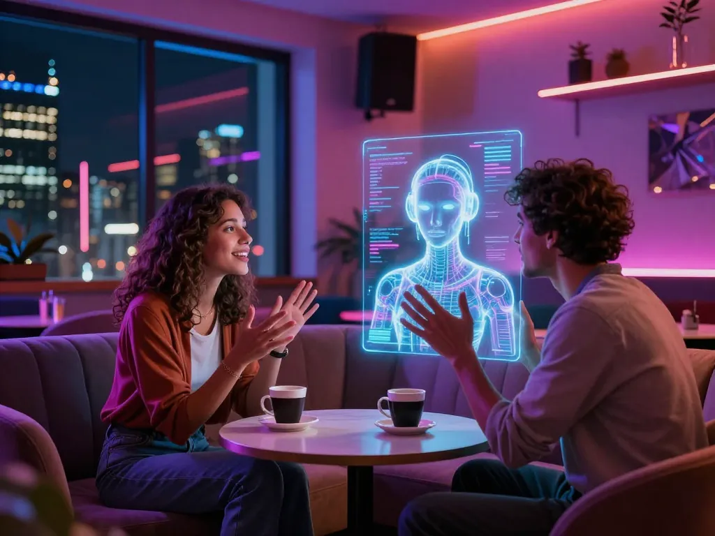 Engaging NSFW AI hologram interaction in a futuristic lounge.