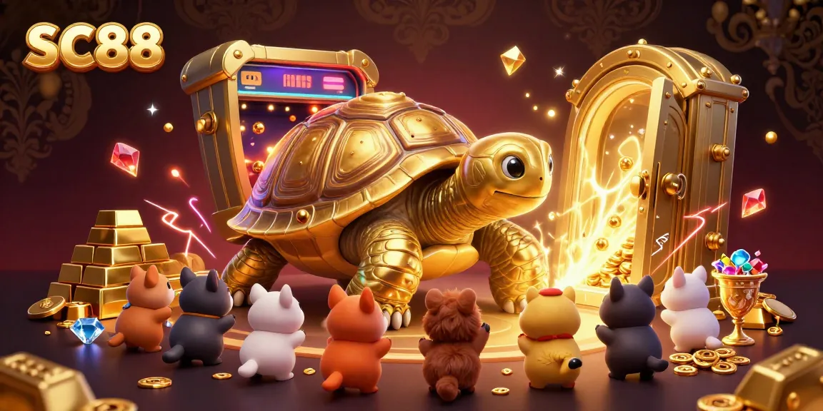 Engage with SC88's thrilling casino experience featuring a golden tortoise pinball machine and exciting game elements.
