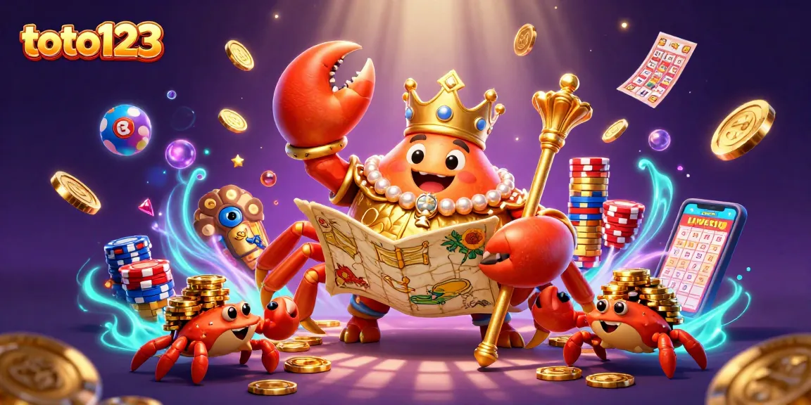 Toto123 lottery scene featuring a golden crab emperor surrounded by lottery balls and colorful bingo cards.