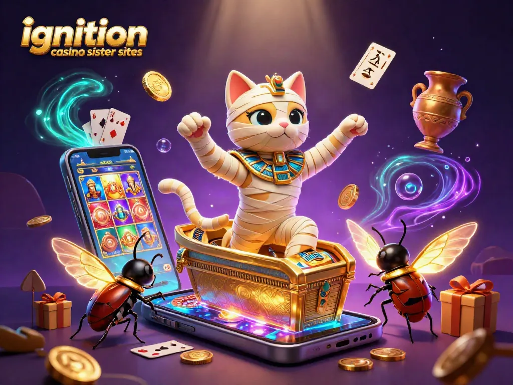 Experience top ignition casino sister sites with a vibrant 3D casino illustration featuring a mummy cat and gaming elements.