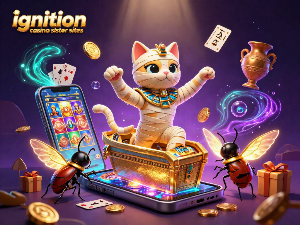 Experience top ignition casino sister sites with a vibrant 3D casino illustration featuring a mummy cat and gaming elements.