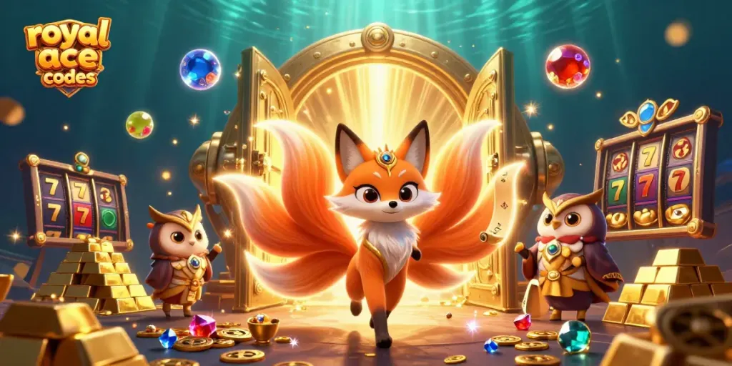 Win big with royal ace bonus codes in this vibrant 3D casino-themed illustration filled with treasures.