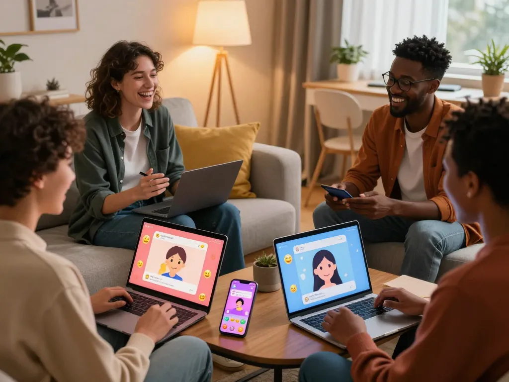 Engaging ai sex chat session with diverse individuals enjoying playful conversations in cozy settings.