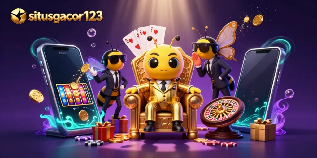 Play exciting games on situsgacor123 with a colorful casino scene featuring iconic gaming elements.