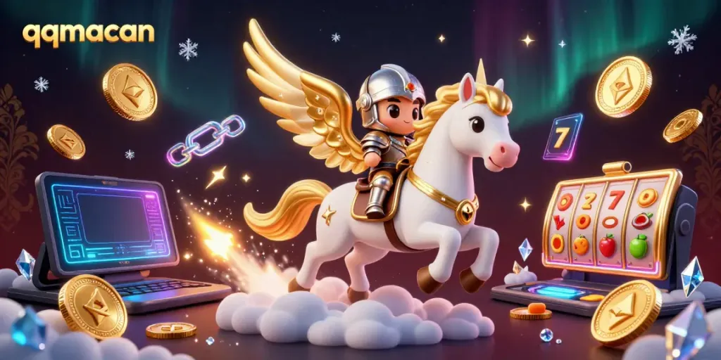 Experience the thrill of qqmacan with the celestial horse, knight, and vibrant gambling elements.