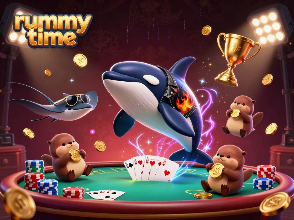 Experience rummy time with a vibrant 3D scene of an orca, stingray, and sea otters engaging in poker-themed gameplay.