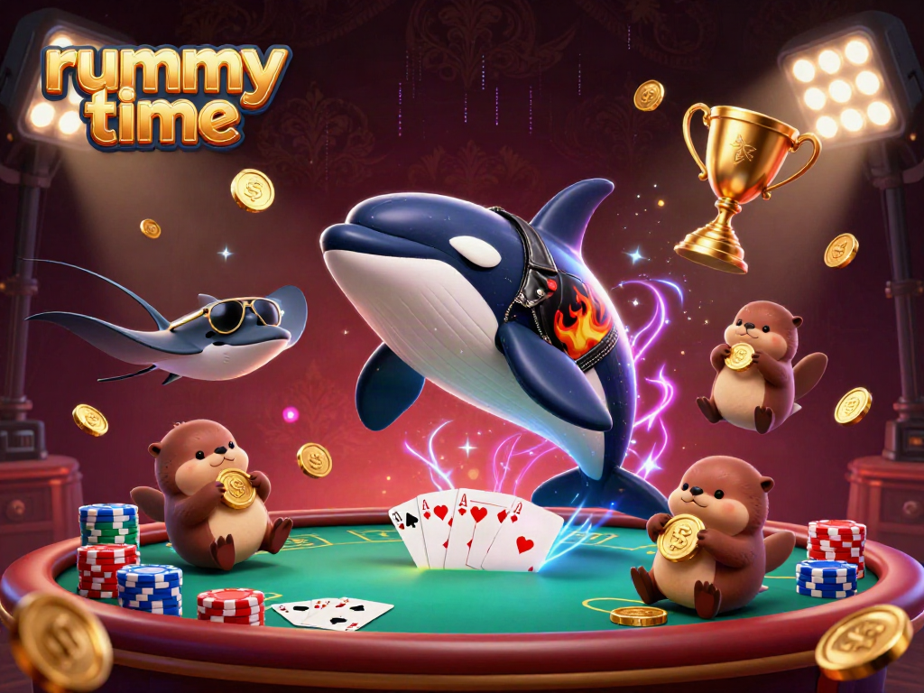 Experience rummy time with a vibrant 3D scene of an orca, stingray, and sea otters engaging in poker-themed gameplay.