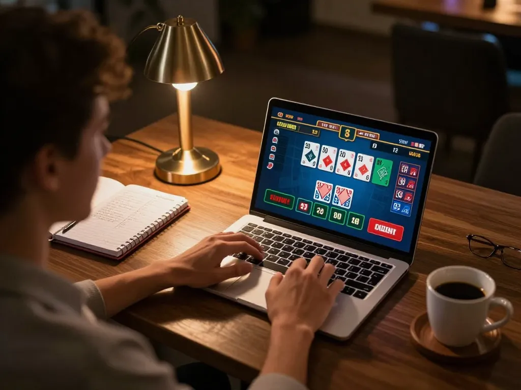 Engaging with okfun's live dealer game on a laptop, highlighting responsible gaming setup.