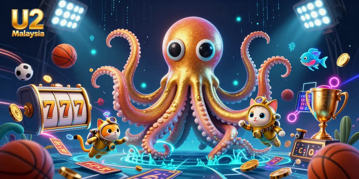 Engaging U2 Malaysia gaming scene with a colossal kraken, divers, and active slot reels.