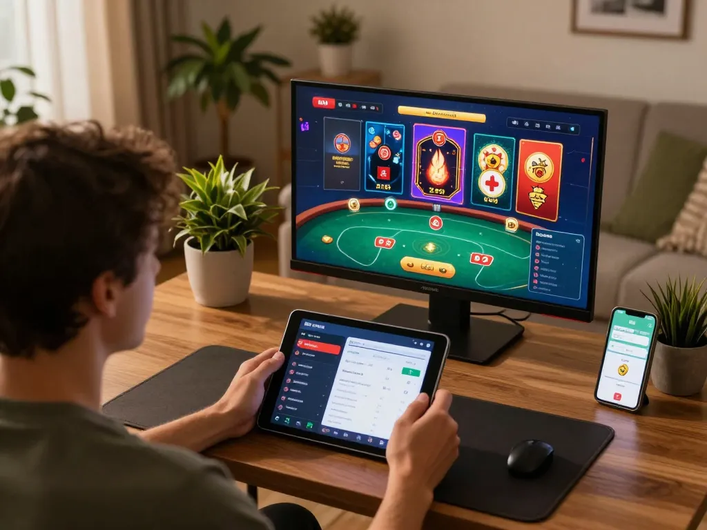 Engaging in live casino games on a tablet at home, showcasing responsible gaming at upintogel