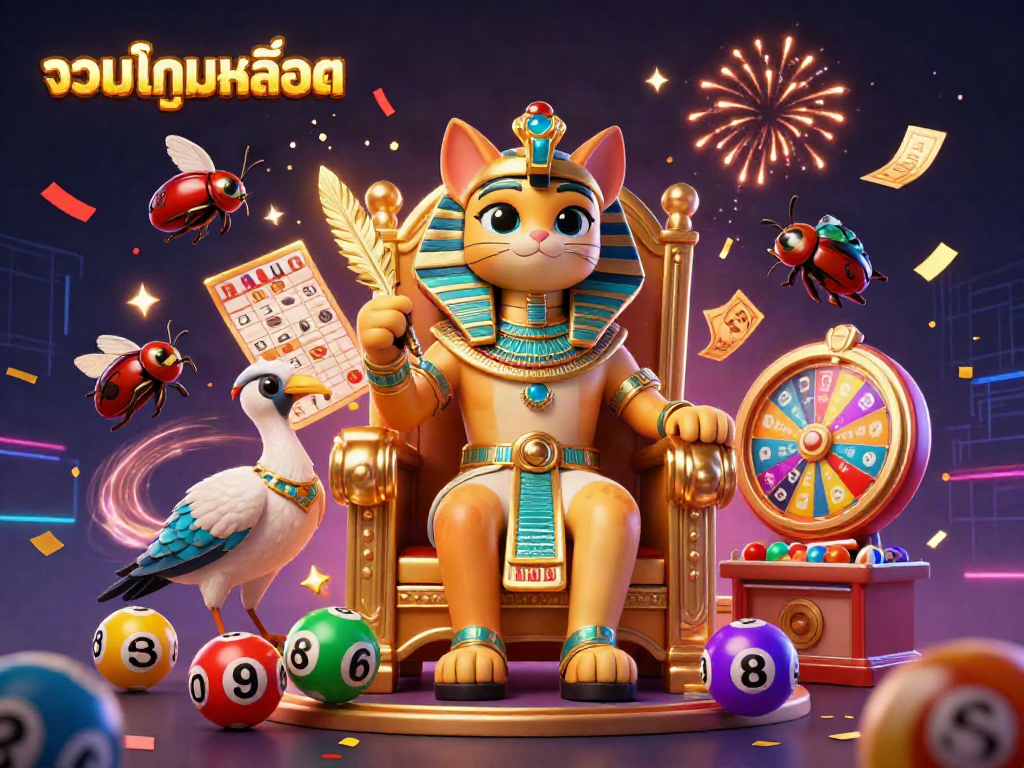 Engage in thrilling play with รวมเกมสล็อต featuring an Egyptian pharaoh cat, vibrant lottery elements, and dynamic gaming action.