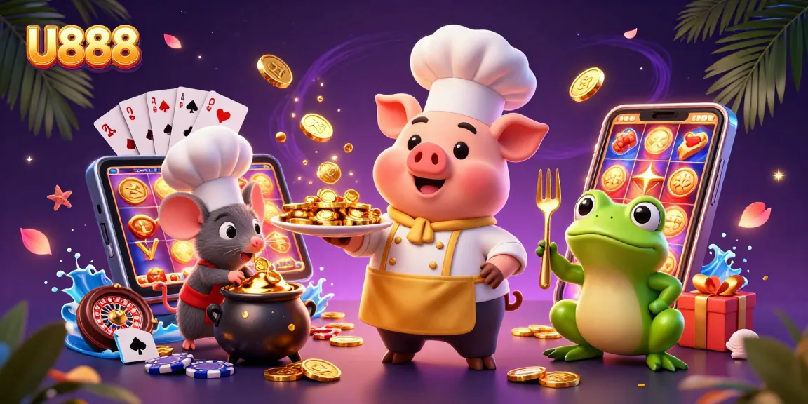 Explore the world of U888 with vibrant characters serving golden winnings amidst a rich casino backdrop.