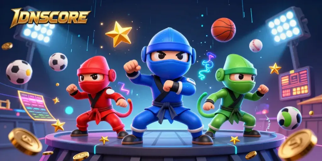 IDNSCORE promotes exciting sports betting with dynamic visuals of chameleon ninjas and sports elements.