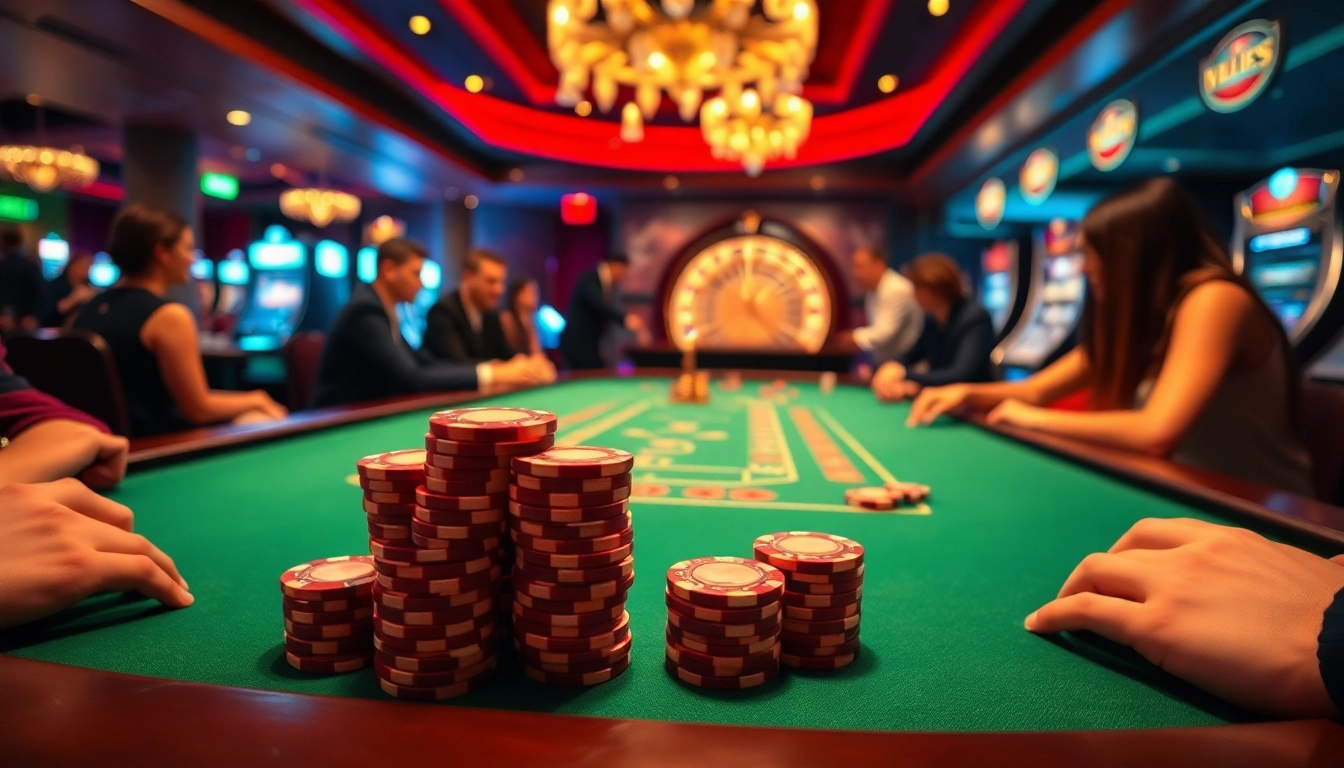 TR88 players engaging in an exciting poker game with vibrant casino elements around.