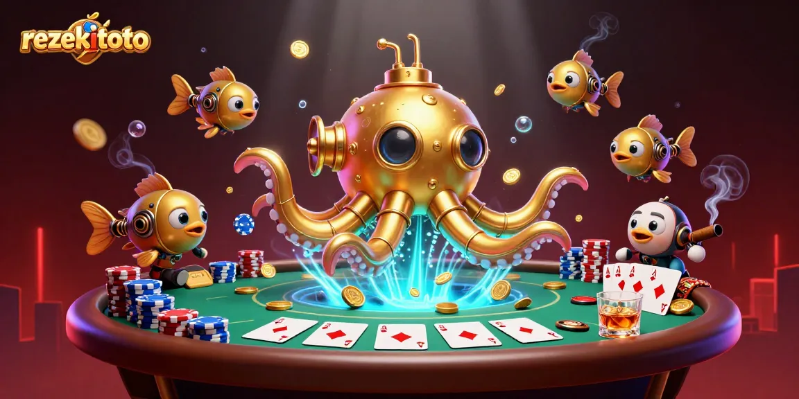 Experience online gambling thrill with rezekitoto's vibrant kraken submarine amidst golden coins and poker elements.