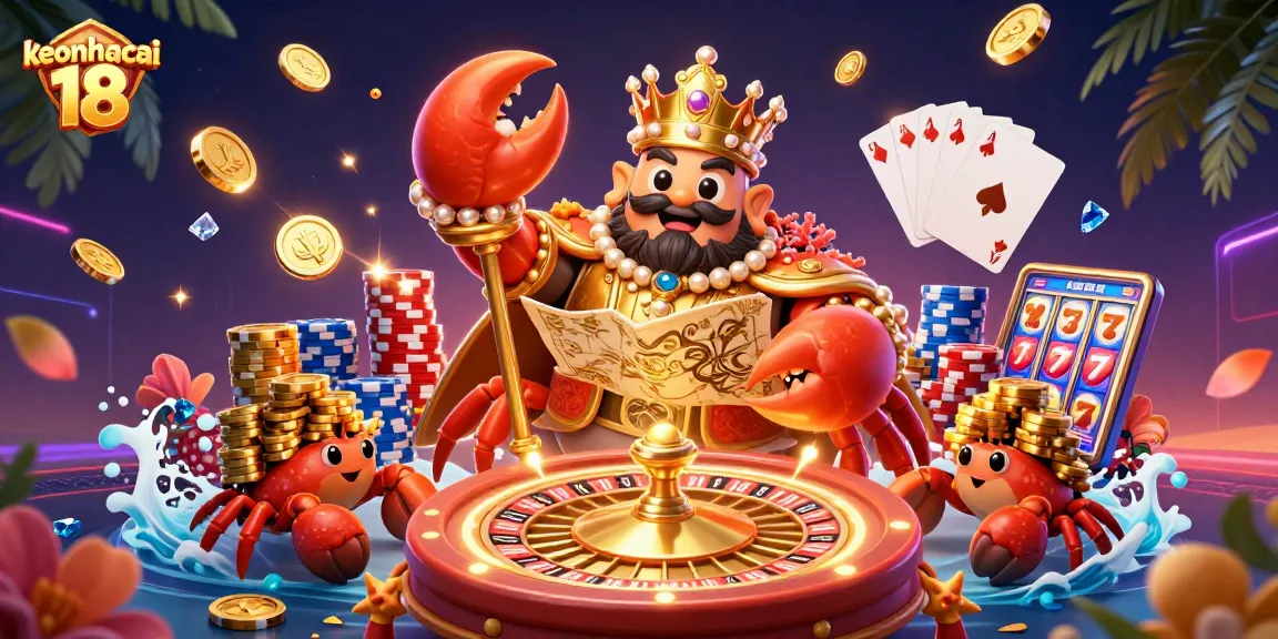 Engage with exciting bets at keonhacai 18 featuring a golden crab with treasure and chips.