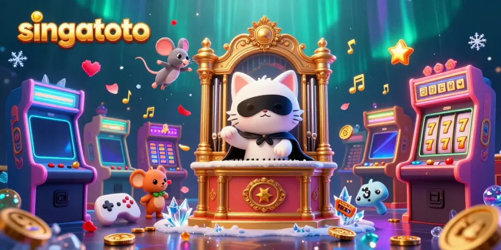 Experience the magic of singatoto in a vibrant casino scene with thrilling slot elements and cartoon characters.