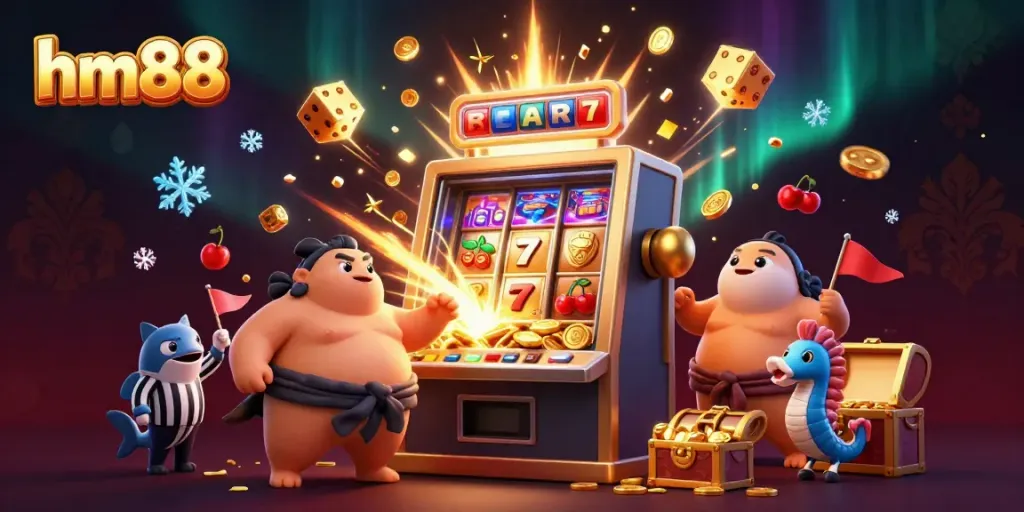 Engage in thrilling gameplay at hm88 with burst of colors, coins, and vibrant casino characters.