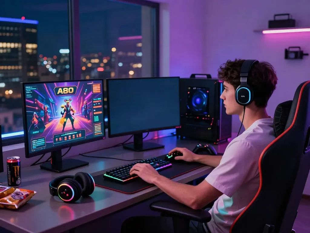 Gamer immersed in A80 casino game on dual monitors with vibrant RGB setup.