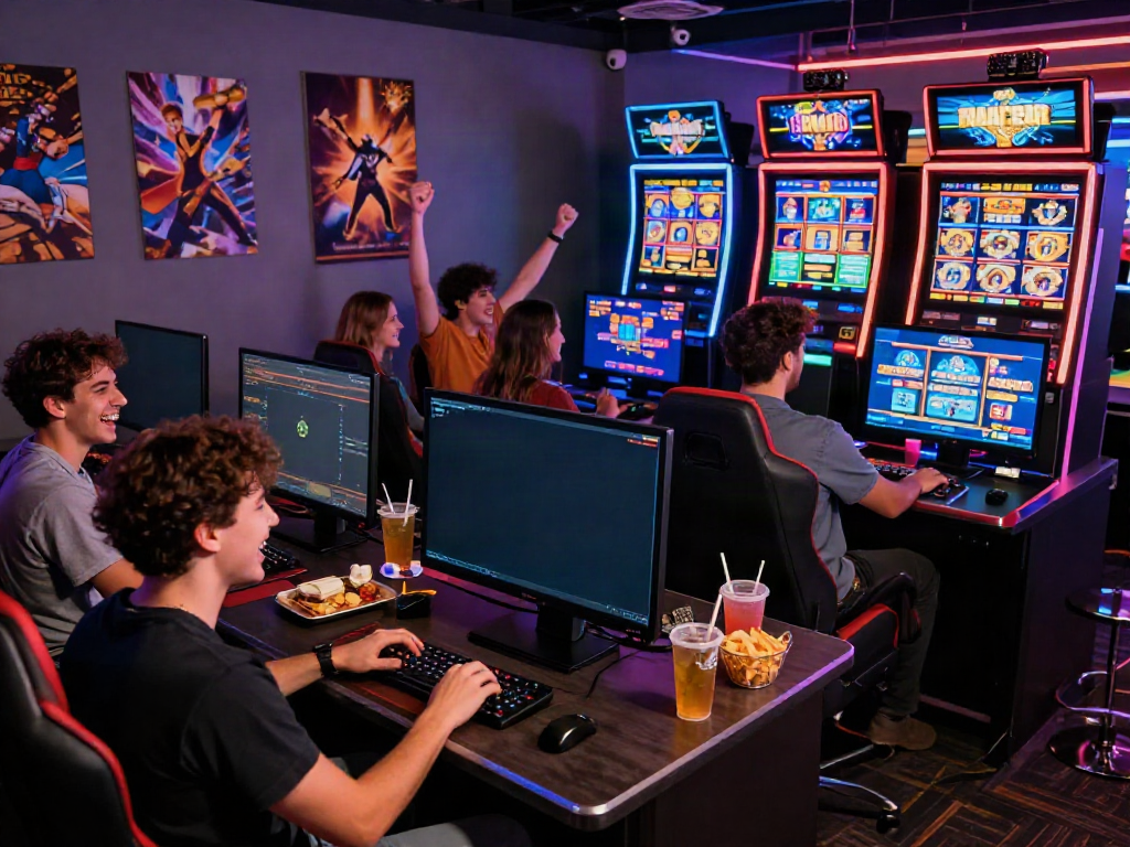 A80 online gaming scene showcasing friends enjoying slot games in a lively casino environment.