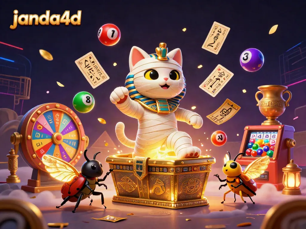 Gambarlah mumi kucing 3D janda4d yang beraksi di kasino piramida, dikelilingi bola lotere berwarna.
