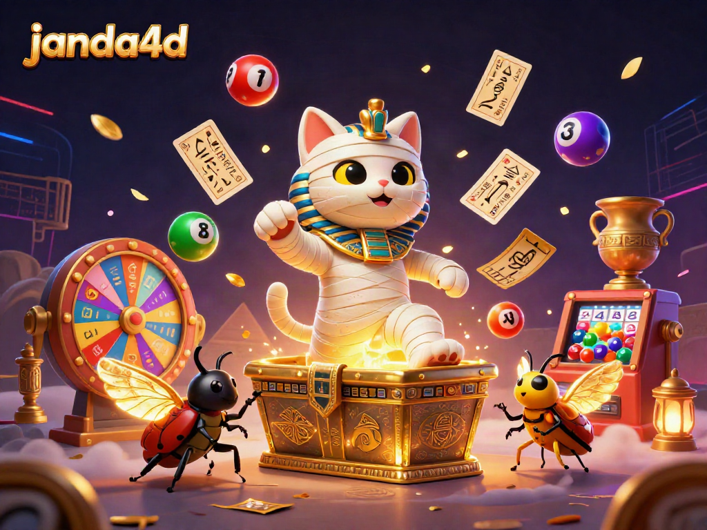 Gambarlah mumi kucing 3D janda4d yang beraksi di kasino piramida, dikelilingi bola lotere berwarna.