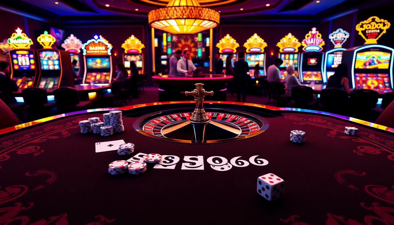 SODO66 casino table setup with poker chips, cards, and roulette wheel, embodying luxury and excitement.