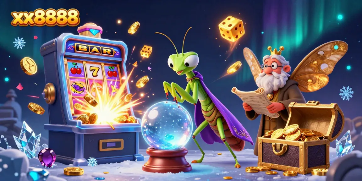 Win big at xx8888 with a dynamic scene featuring colorful slots, fortune teller, and magical elements.