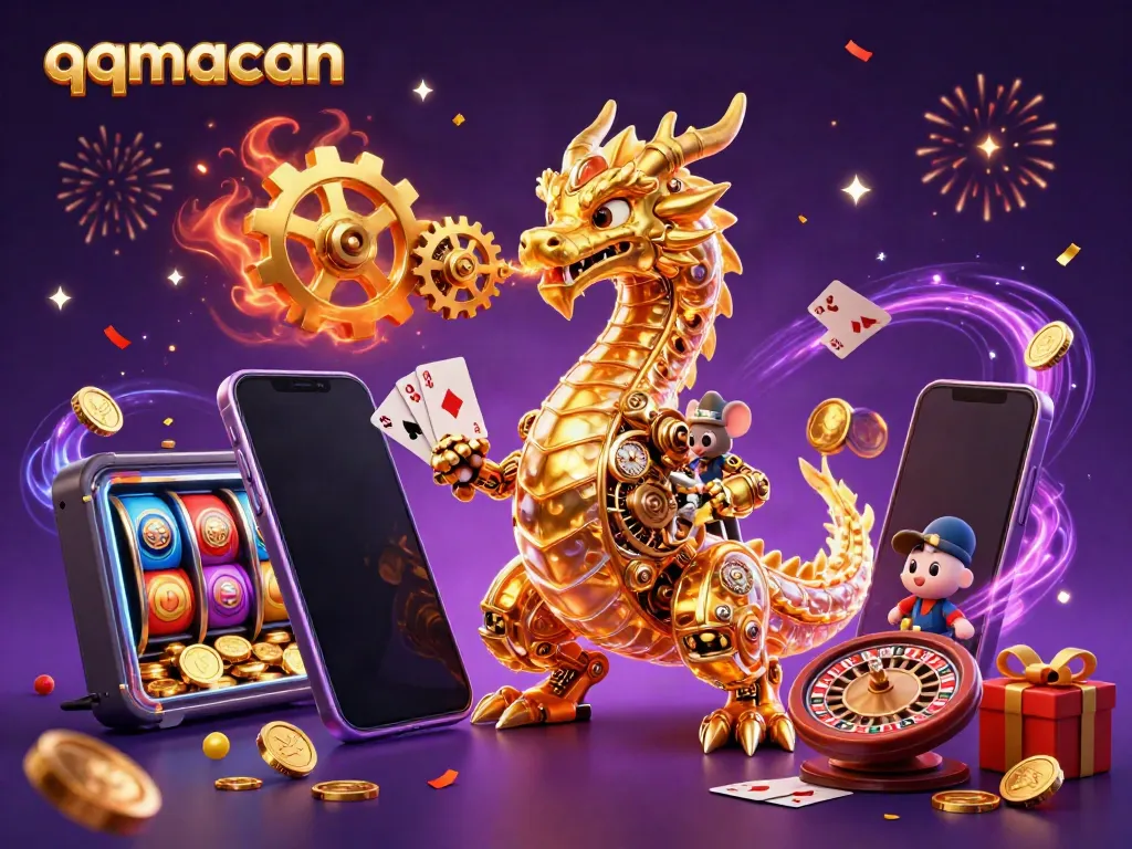 Experience qqmacan thrill with a golden dragon, animated slot game, and festive casino elements.