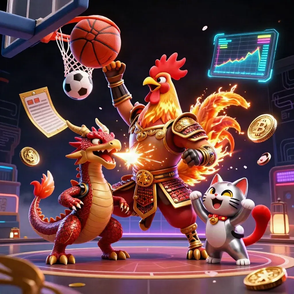 Armored rooster, dragon hatchling, and fortune cat amid coins, sparks, and a dunking basketball.