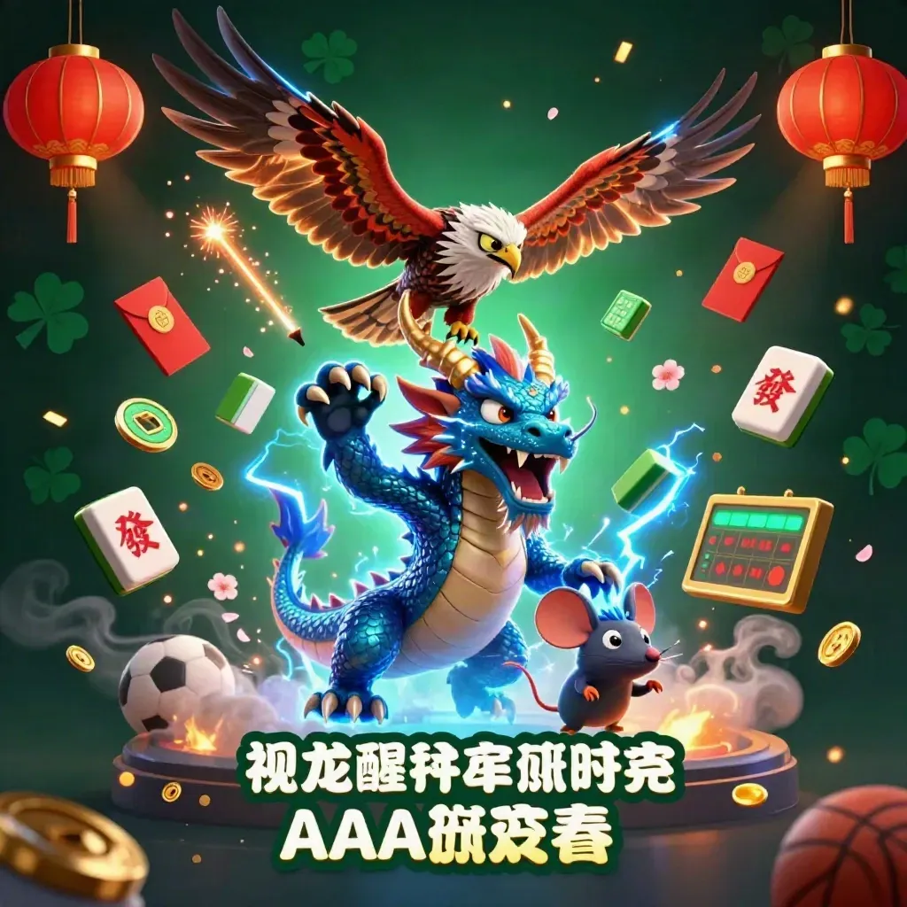 Thunder dragon, hawk, and mouse amid casino charms, coins, and neon lightning on dark emerald black.