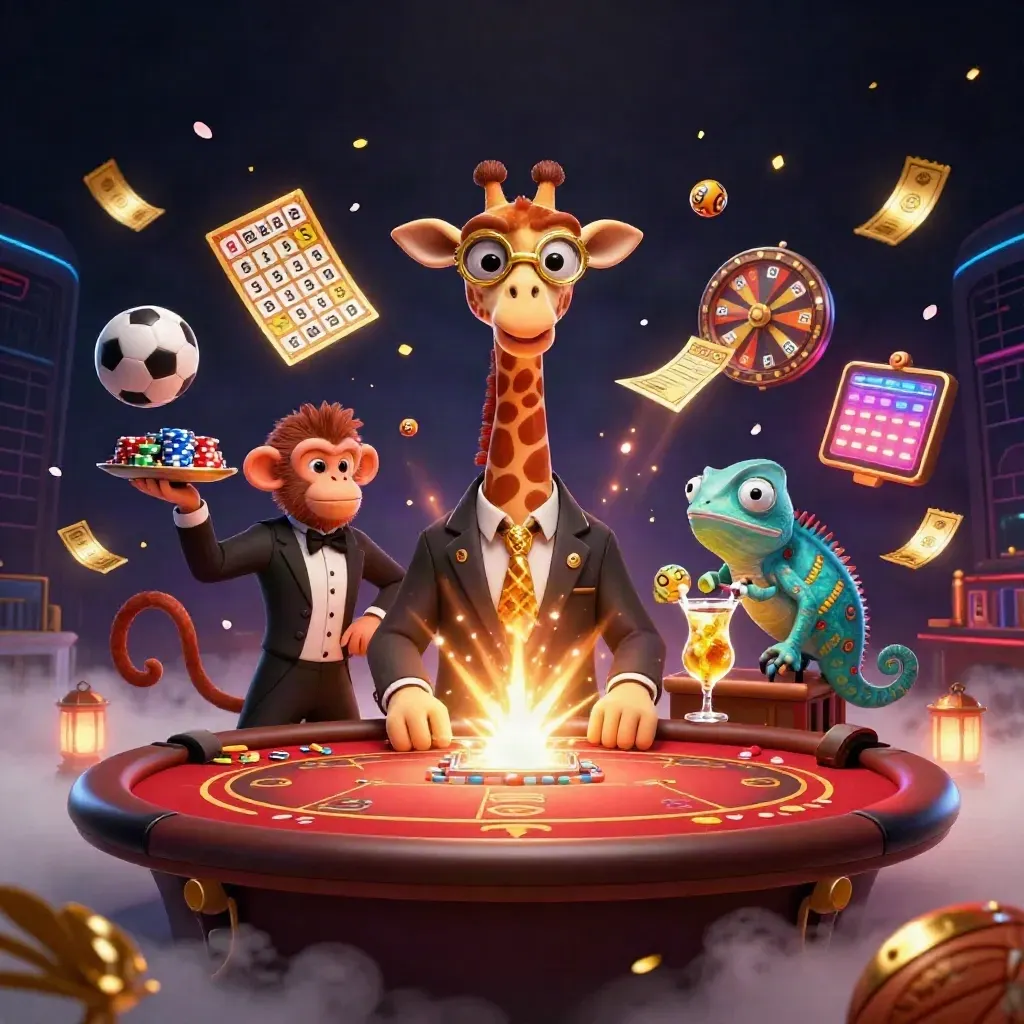 Giraffe, monkey, and chameleon in a neon casino burst with balls, tickets, and glowing effects.