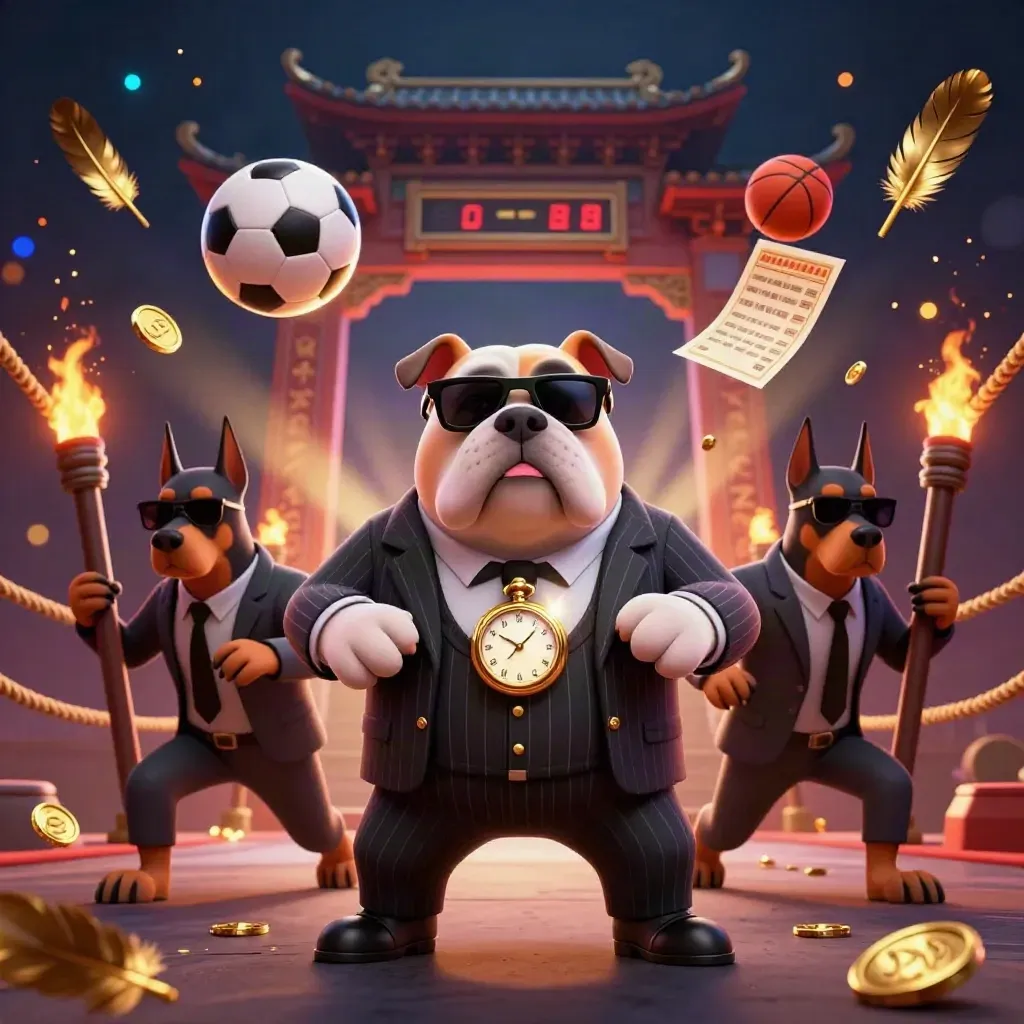 Mafia bulldog and Dobermans amid coins, ring ropes, temple gate, balls, and casino glow.