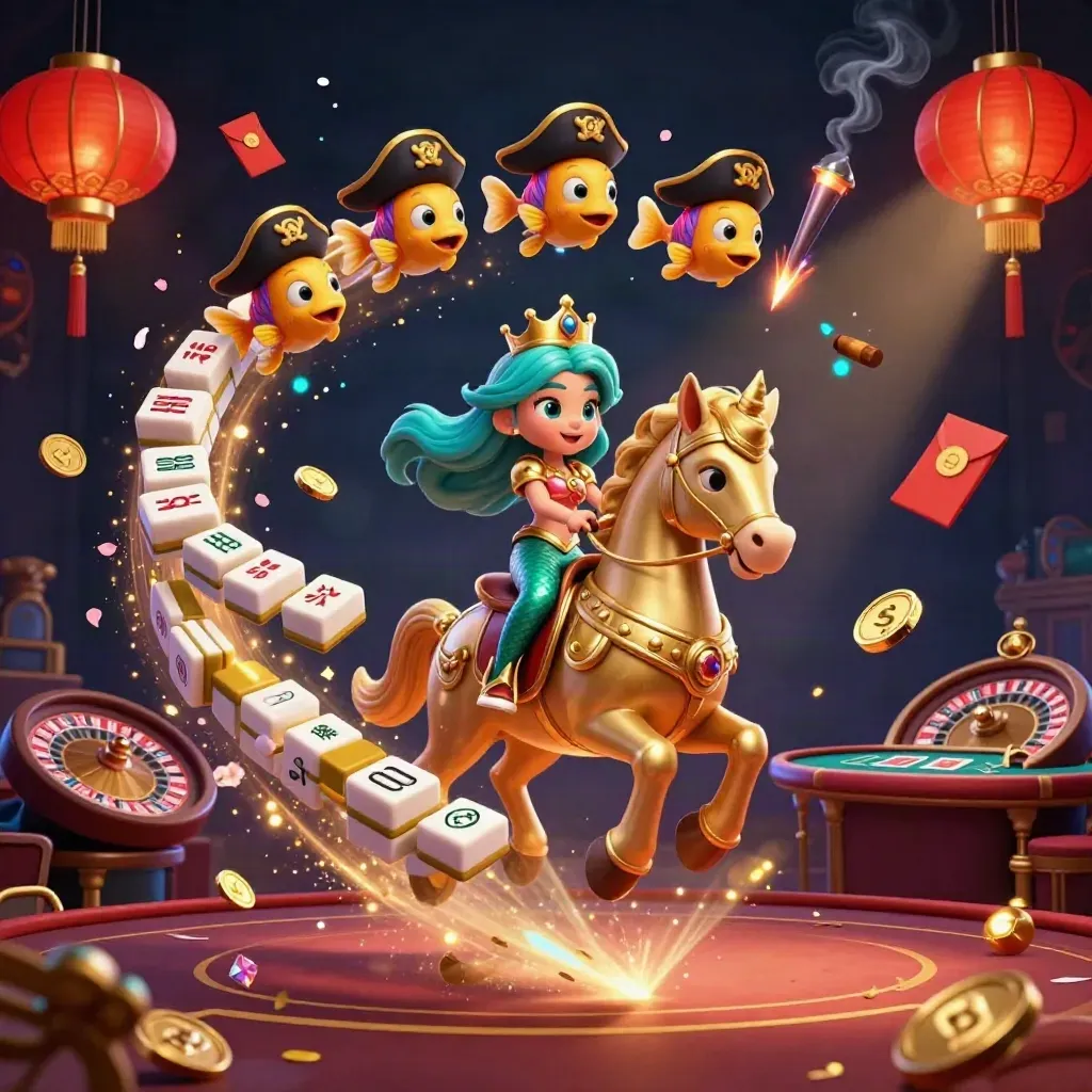 Mermaid princess on a golden seahorse amid casino lights, lanterns, coins and magical effects.