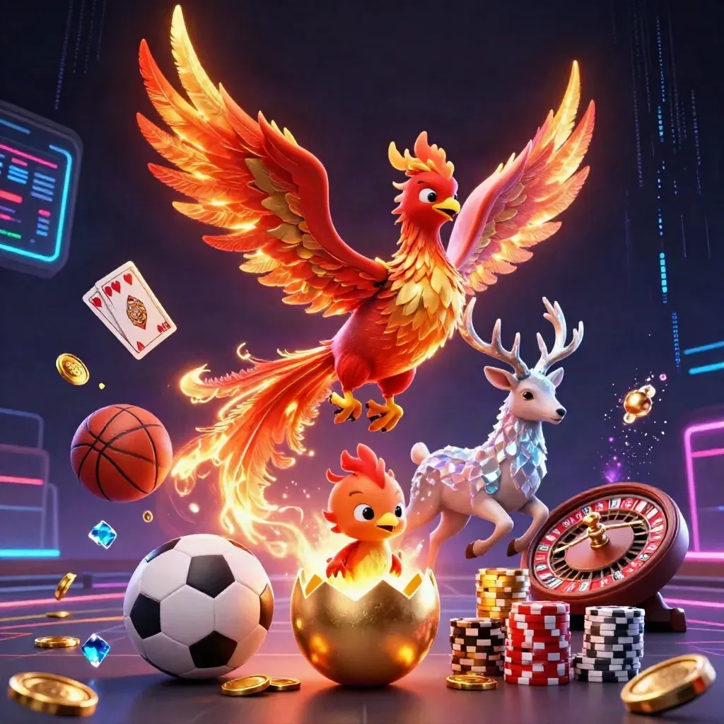 Fire phoenix, baby phoenix, and crystalline stag amid casino chips, coins, and flying sports balls.