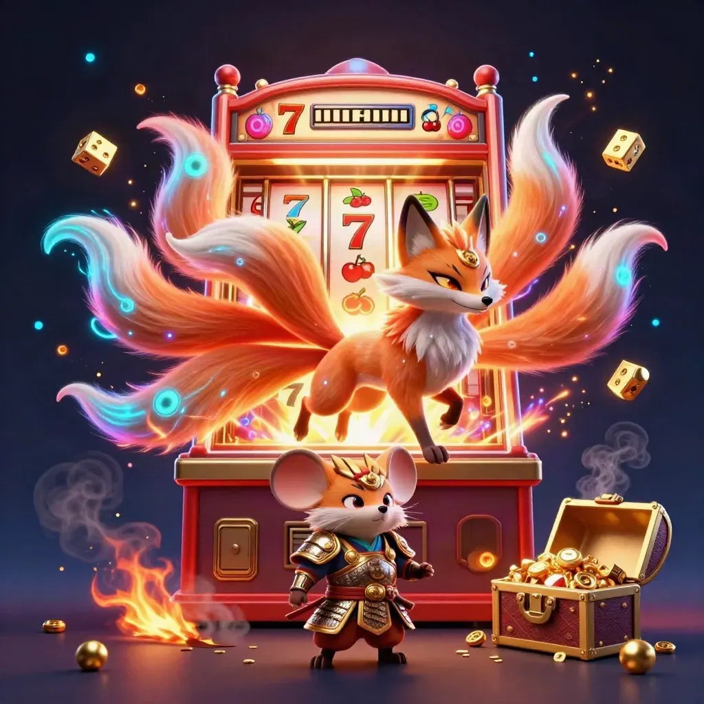 Nine-tailed fox spirit and armored mouse amid exploding slot treasure and neon casino effects.
