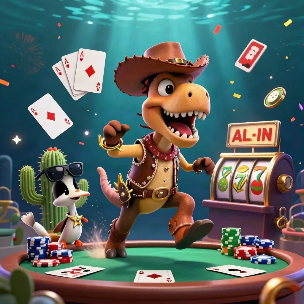 Cowboy T-Rex, cactus sidekick, and roadrunner burst around casino chips and cards under red neon glow.
