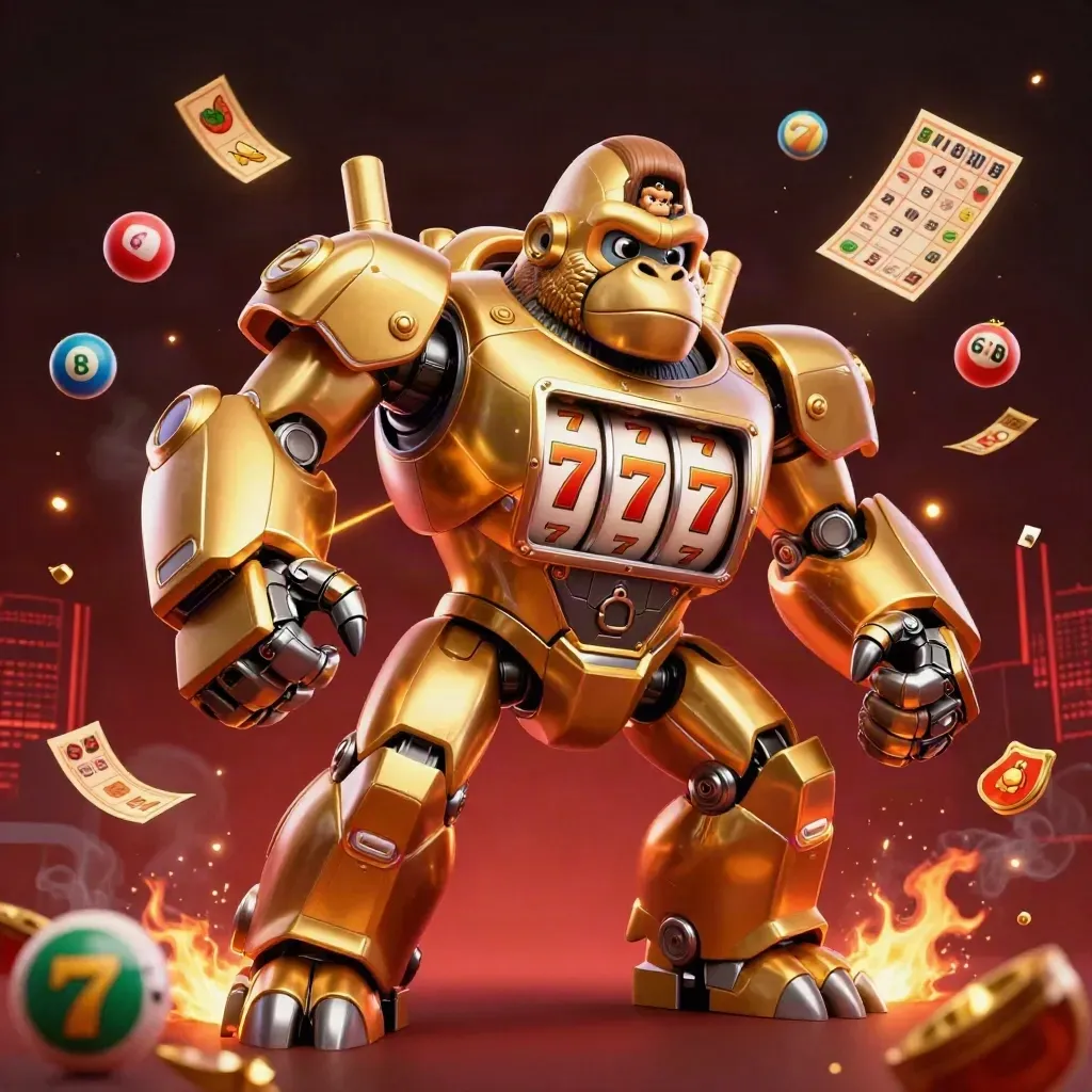 Golden gorilla mech with tiny monkey pilot, casino gems, wheel and tickets bursting in red neon.