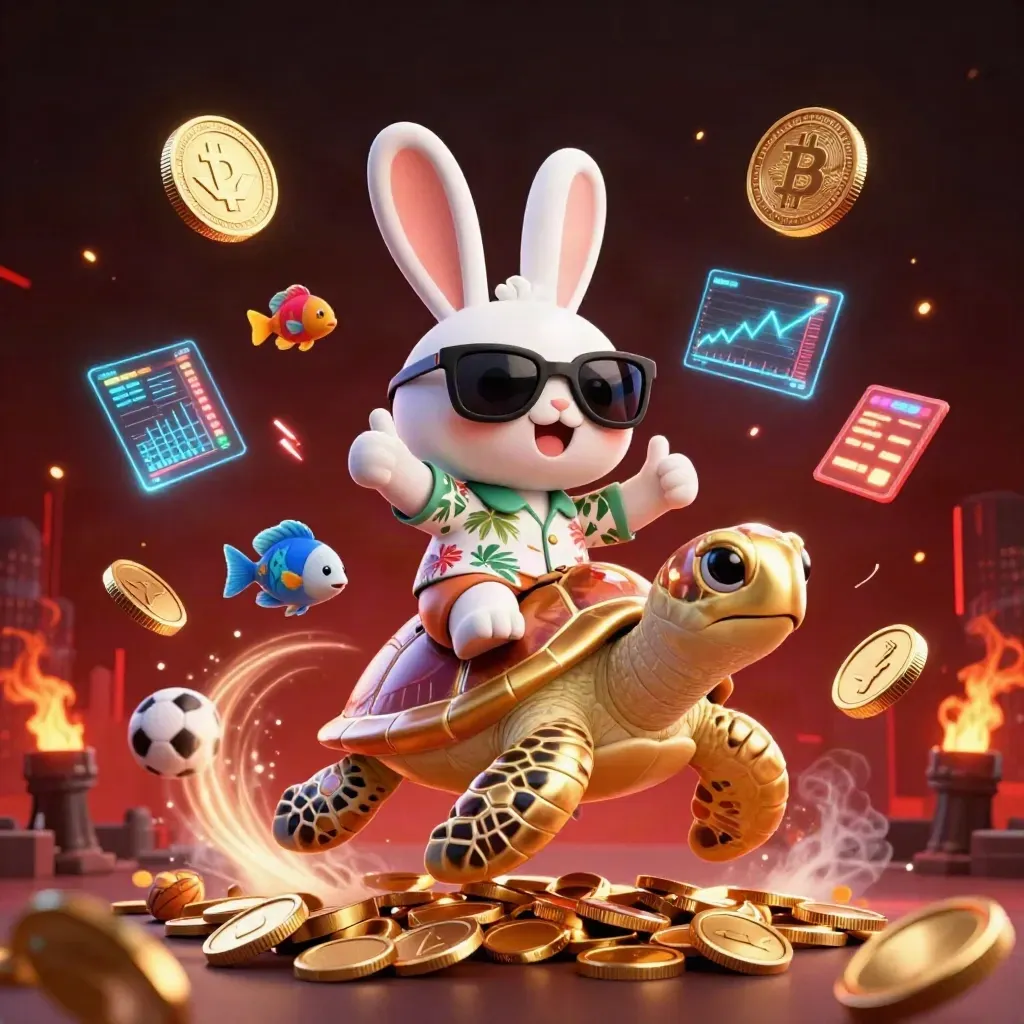 Lucky rabbit on a golden turtle amid coins, crypto, fireworks, and casino glow.