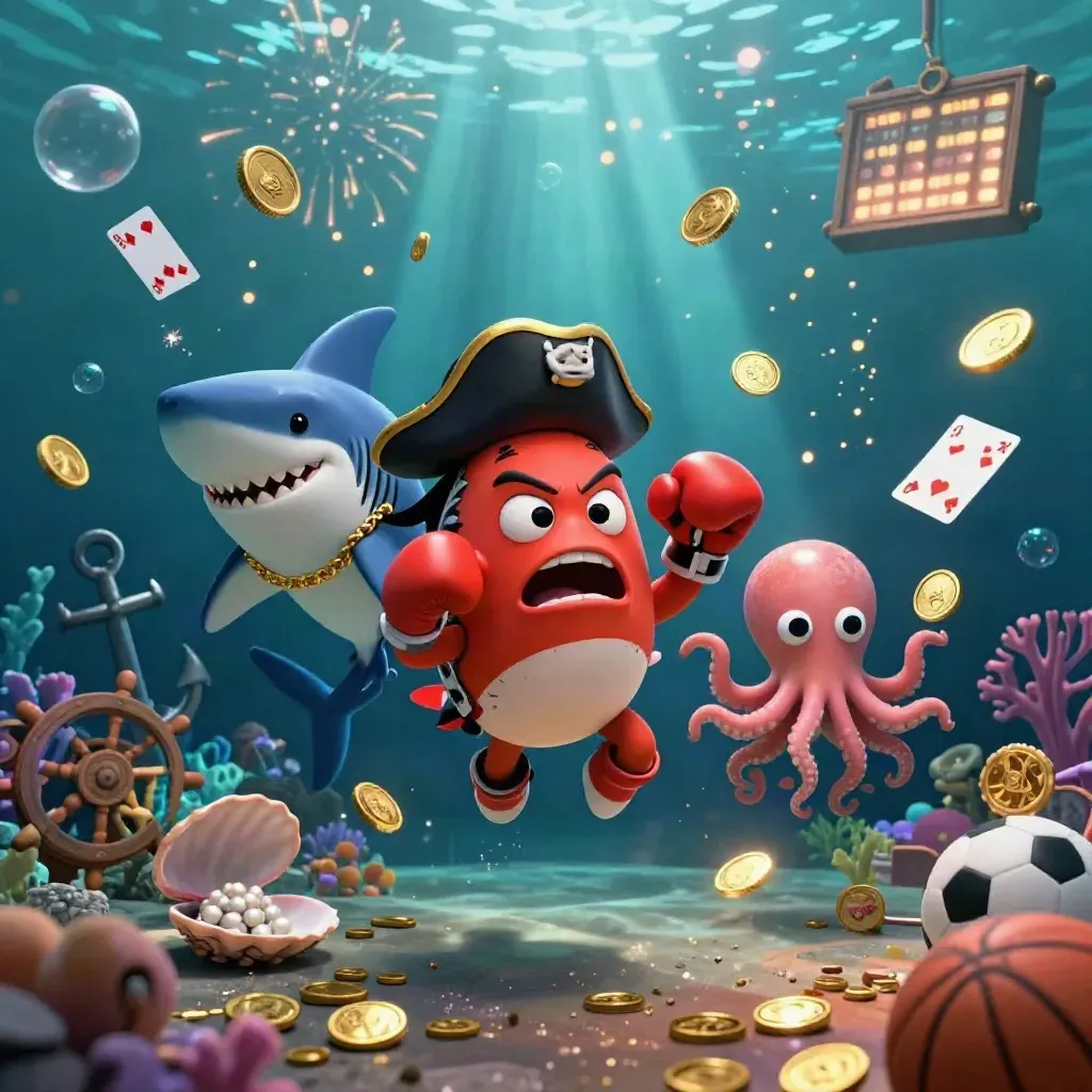 Shark pirate, boxing pufferfish, and juggling octopus amid gold coins and treasure underwater