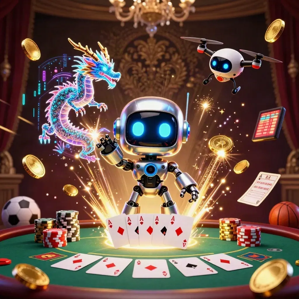 Cyberpunk robot, holographic dragon and coin drone amid casino chips, aces and gold bursts.